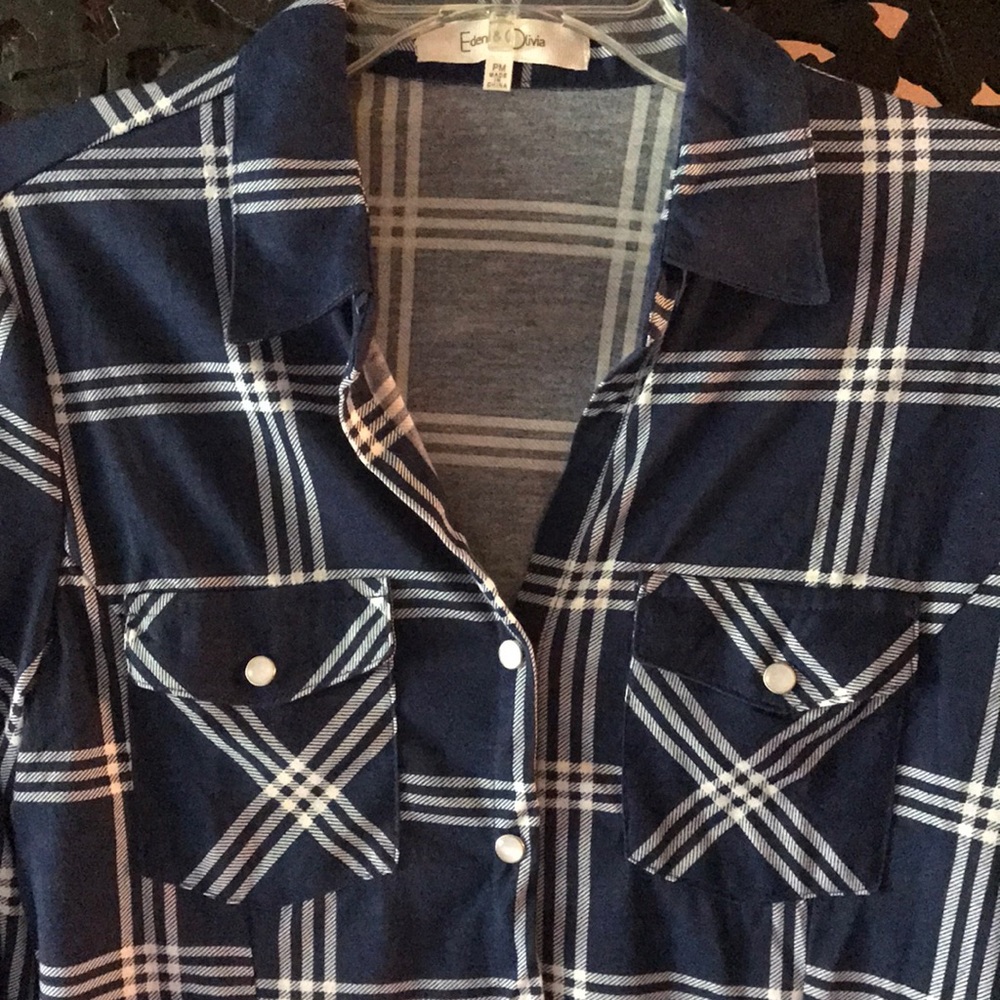 Anthopolgie Eden & Olivia Navy Plaid Top - Picture 2 of 4